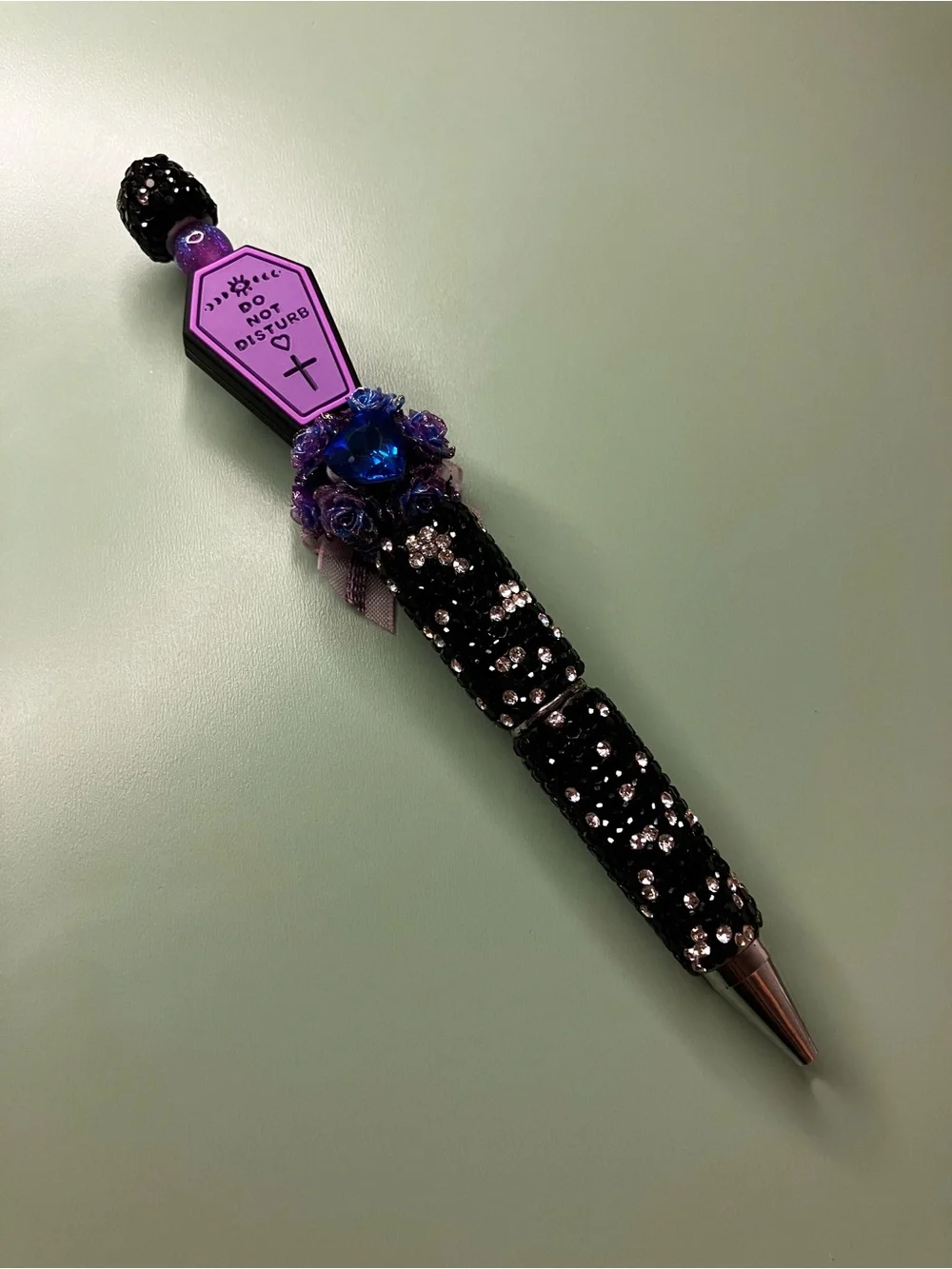 Do Not Disturb Purple Coffin - Black and White Rhinestone Handmade Beaded Pen